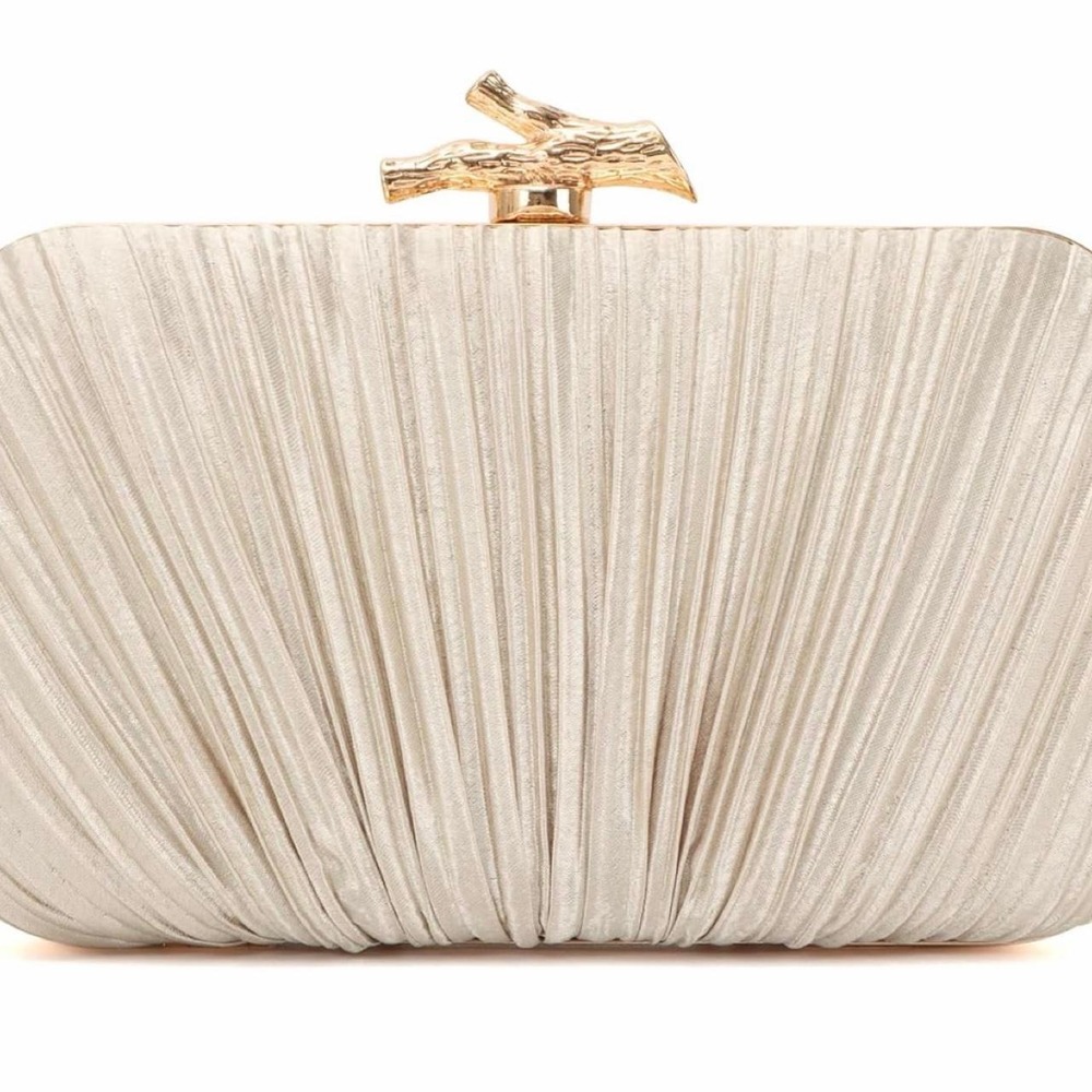 Freie Liebe Women Pleated Evening Clutch Bag Gold Hardware Cream Wedding Party